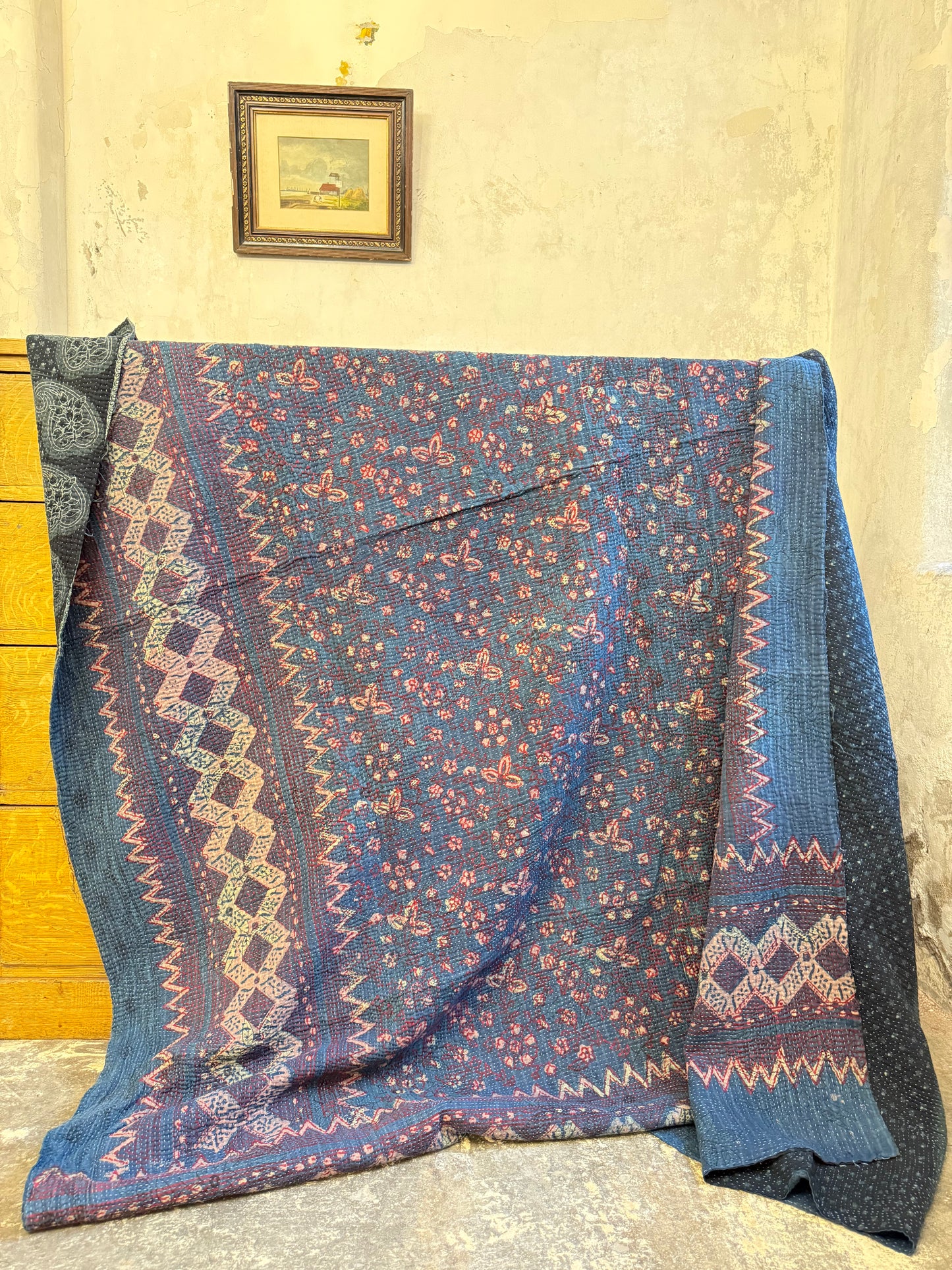 A Finestitch Indigo Kantha Quilt with Indigo over-print.