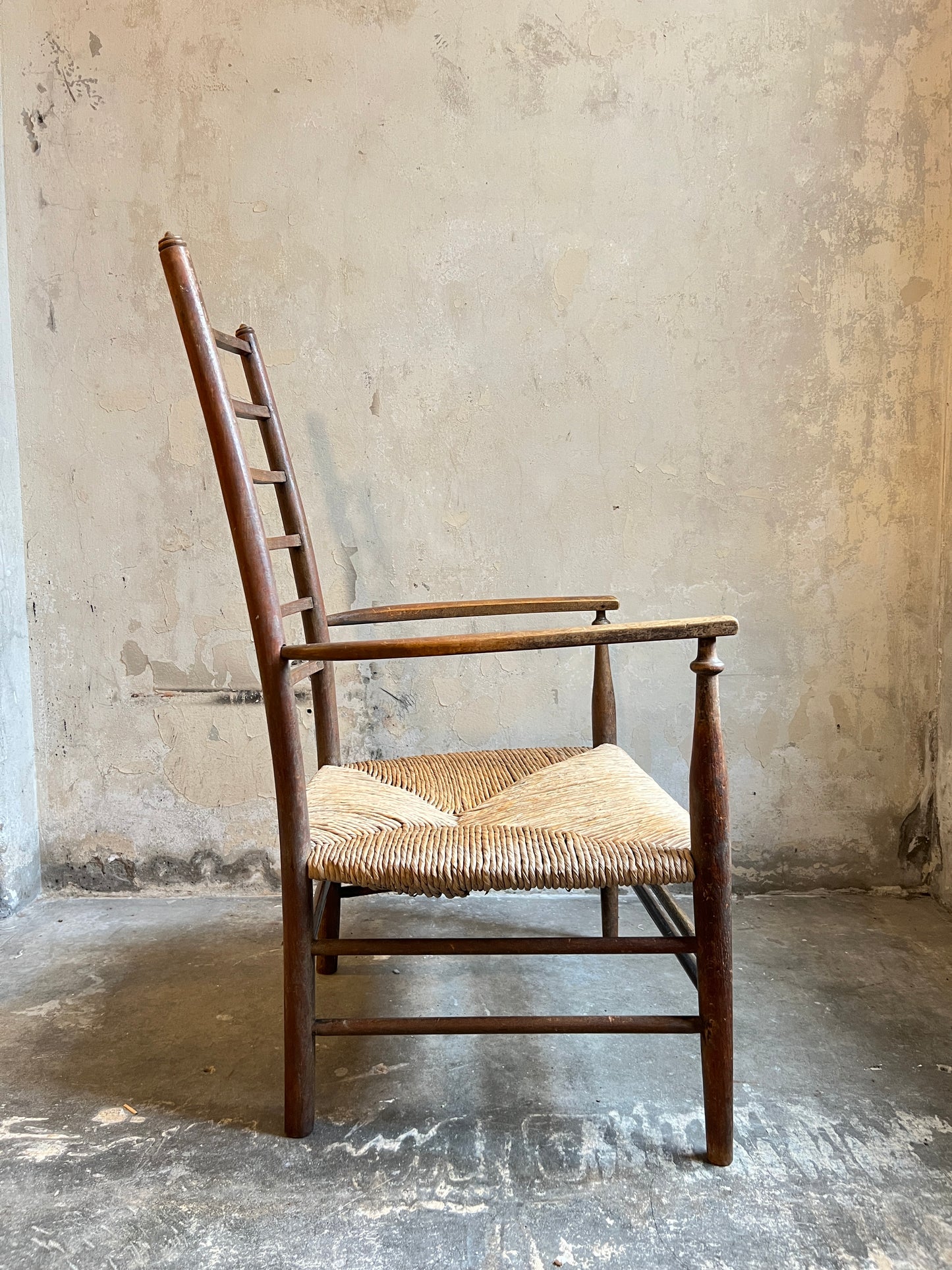 Liberty & Co Arts & Crafts Low Ladder Back Armchair With Rush Seat c1910