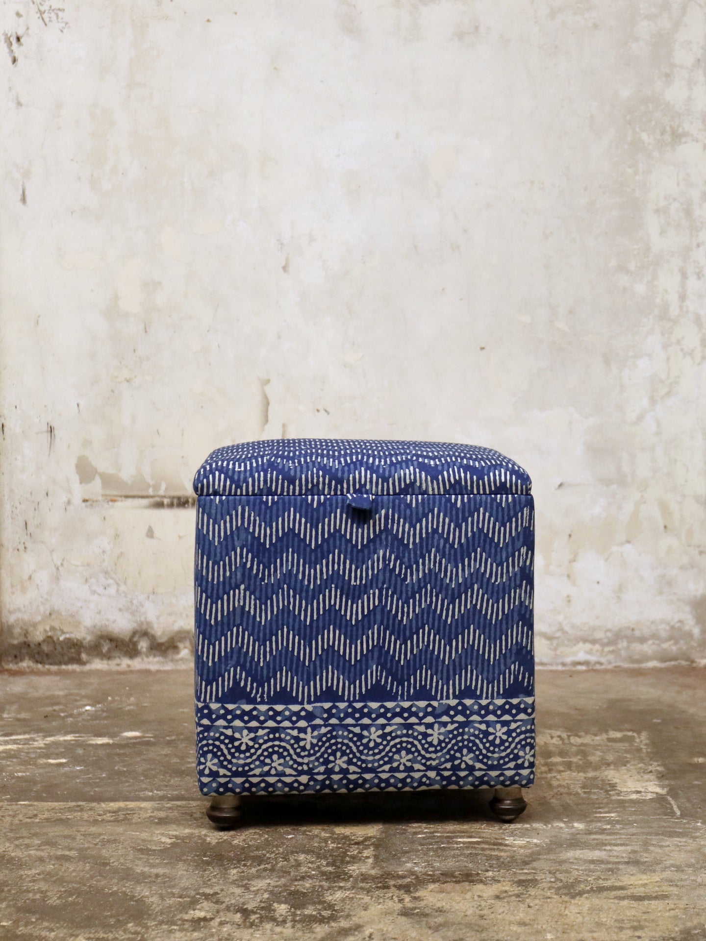 1950's Cube Ottoman - Hand Block Printed Indigo