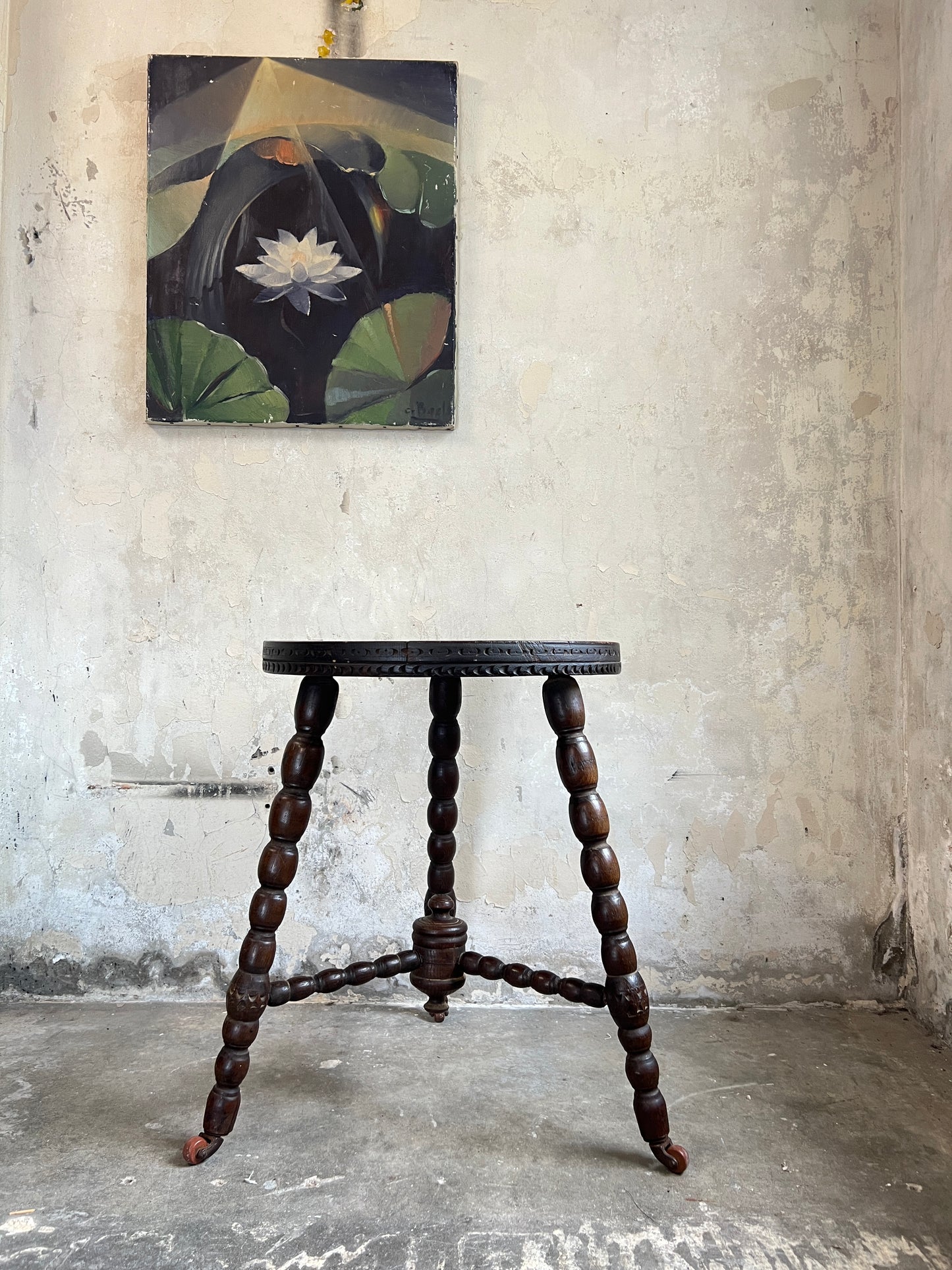 A 19thC Carved Oak Side Table with Bobbin Legs