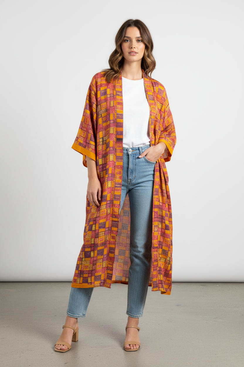 Vintage Saree Silk Kimono / Duster - Long