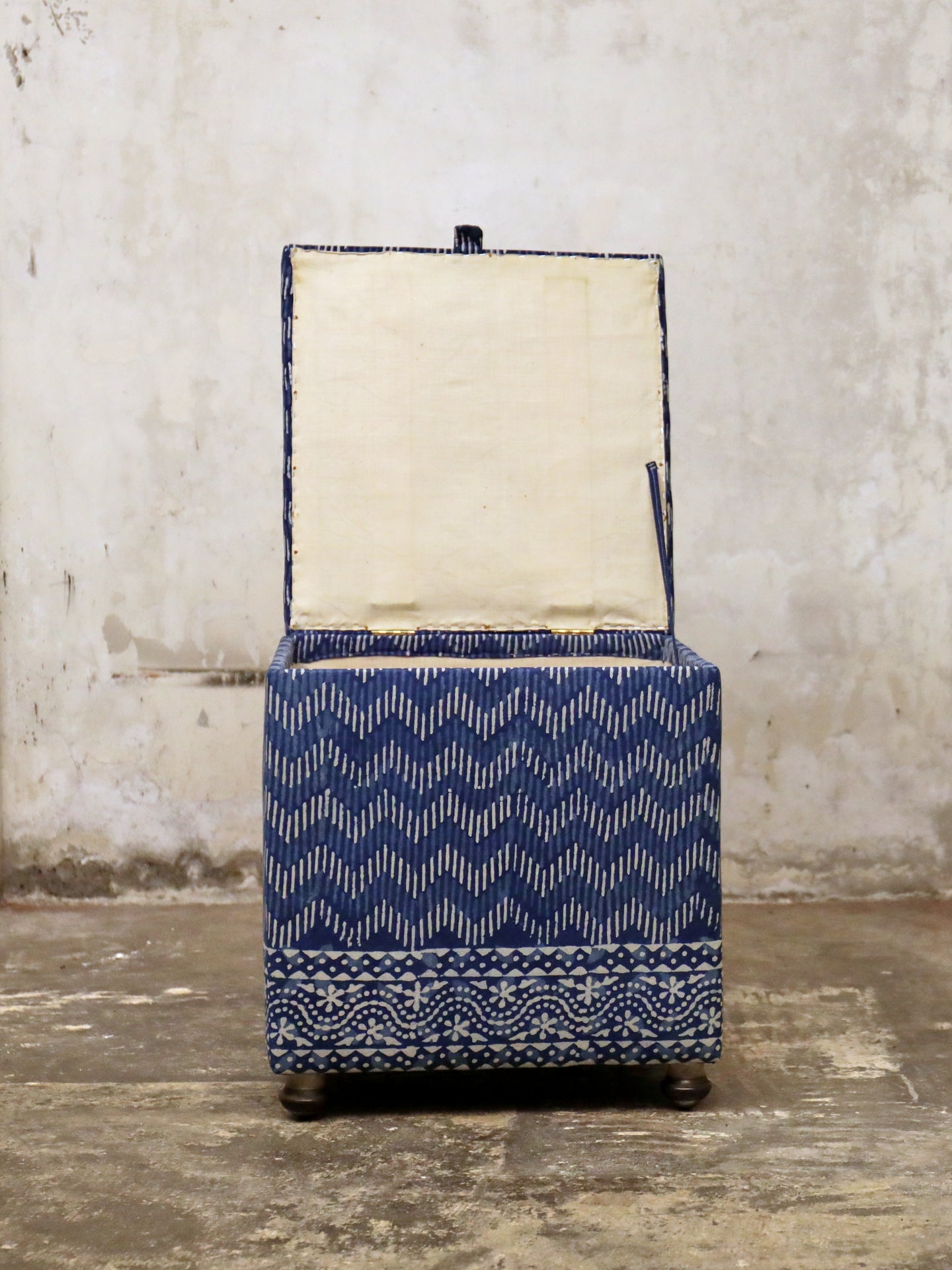 1950's Cube Ottoman - Hand Block Printed Indigo