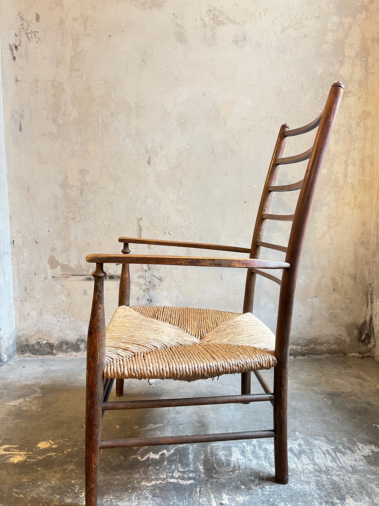 Liberty & Co Arts & Crafts Low Ladder Back Armchair With Rush Seat c1910