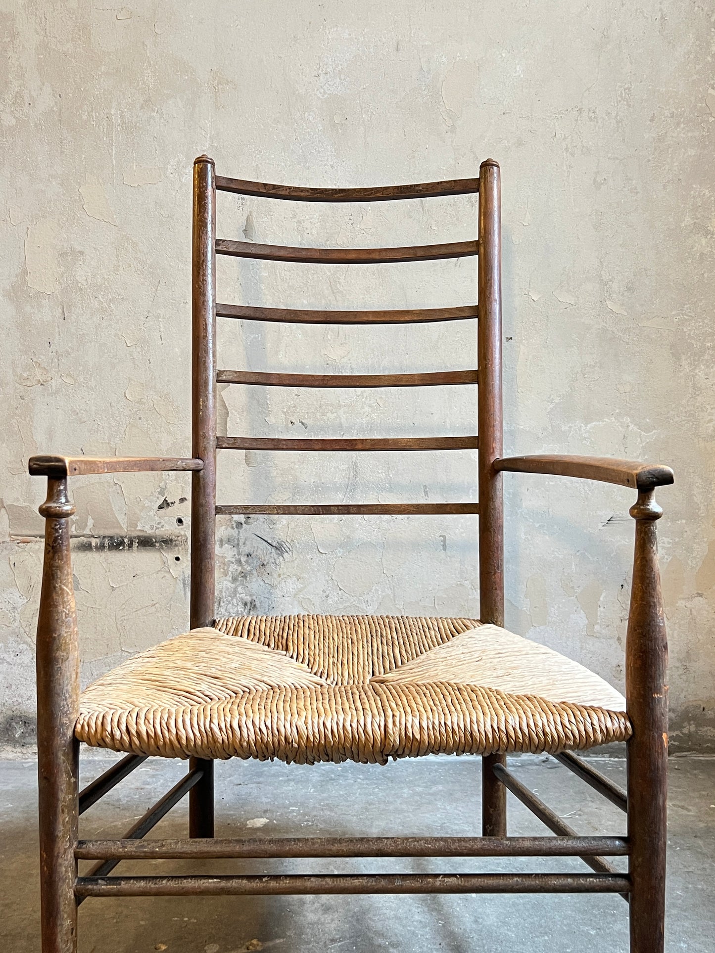 Liberty & Co Arts & Crafts Low Ladder Back Armchair With Rush Seat c1910
