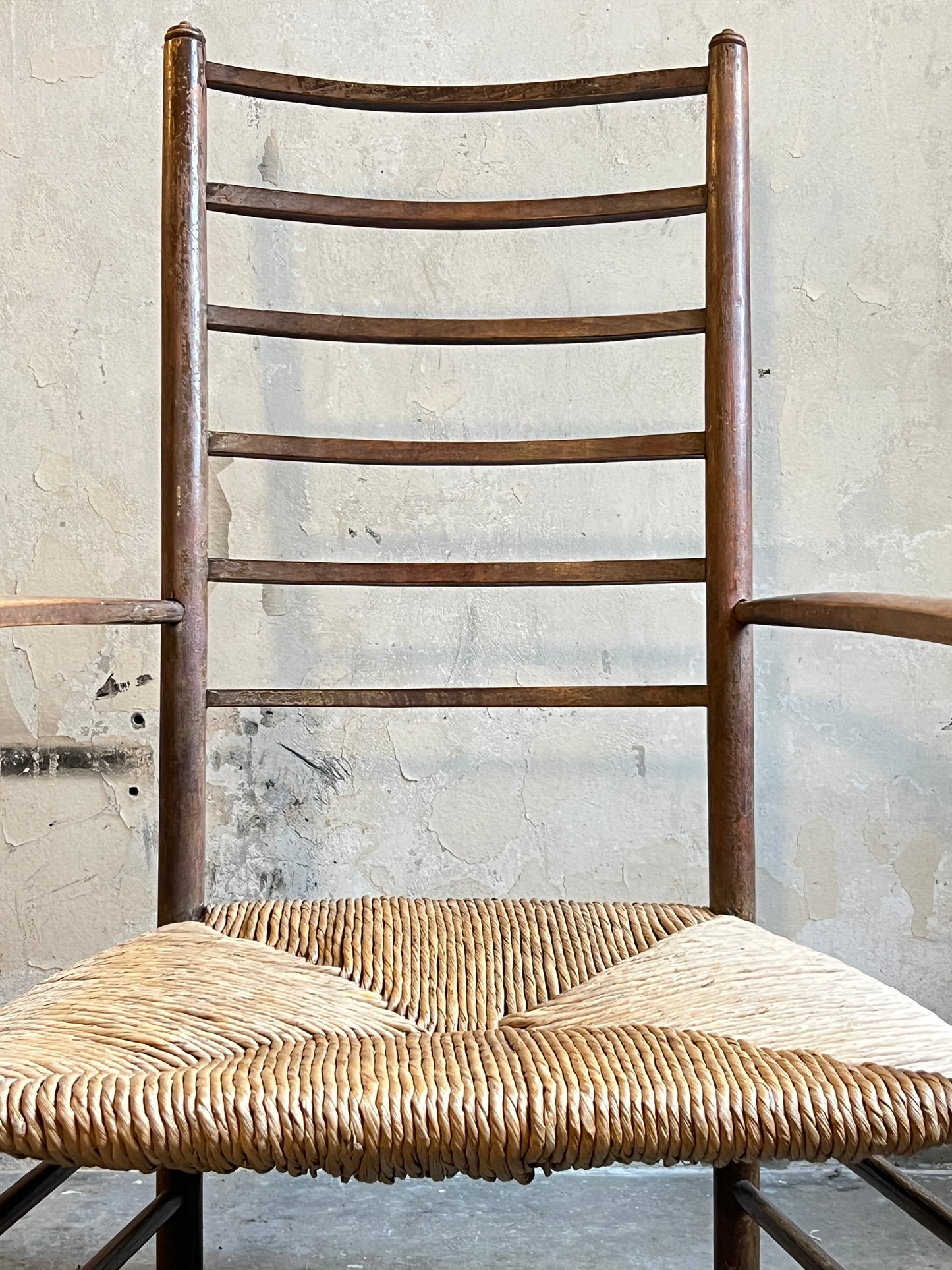 Liberty & Co Arts & Crafts Low Ladder Back Armchair With Rush Seat c1910