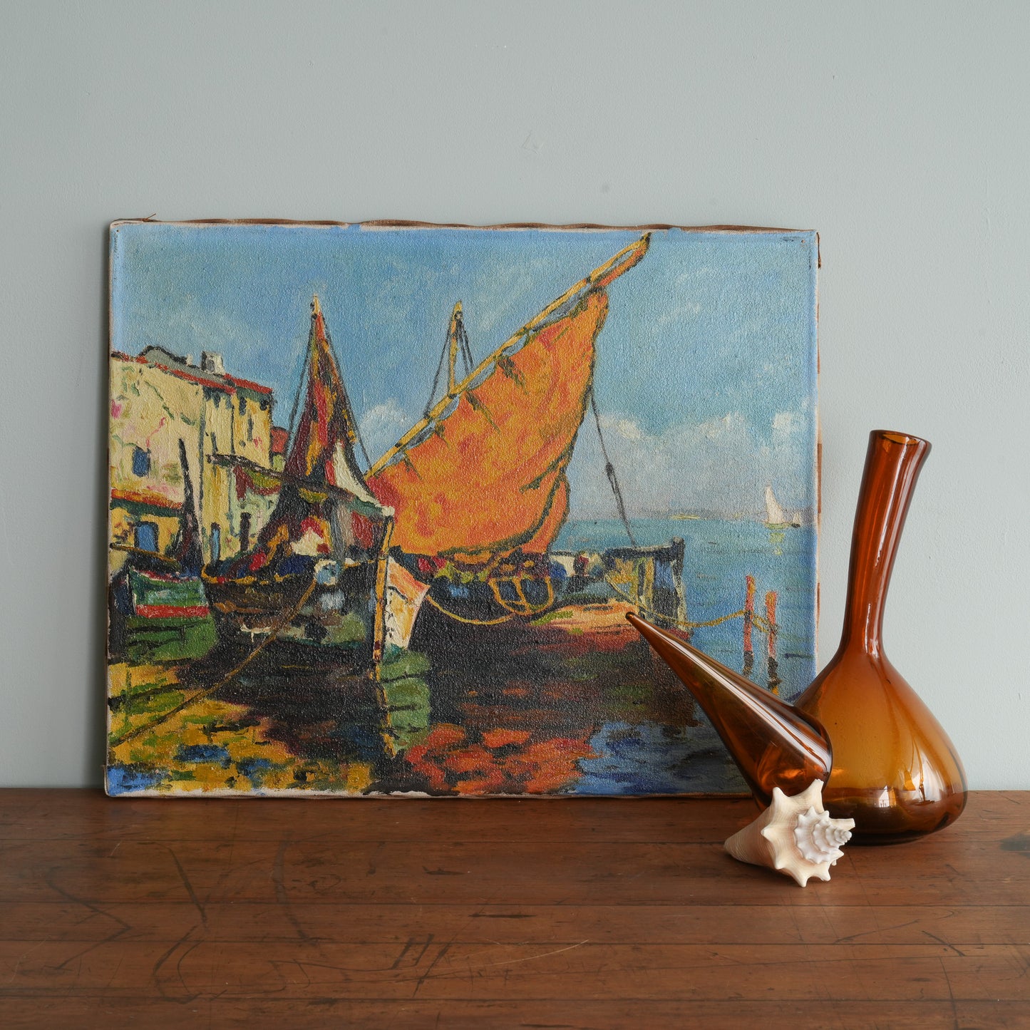 Fishing Boats in a Mediterranean Harbour / Unknown (indistinctly signed), French School, (Mid-20th Century)