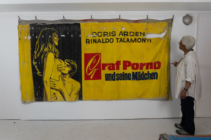 1960s German Hand Painted Cinema Banner - Graf Porno und seine Mädchen