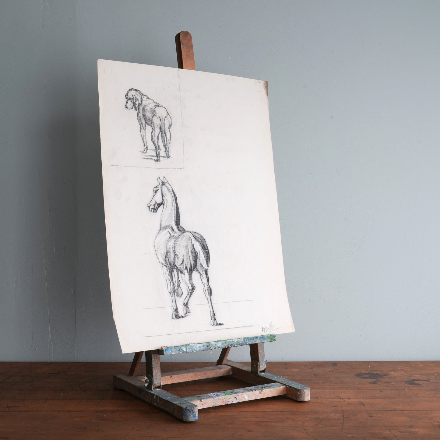A Pencil Study of a Horse and Dog on Paper.
