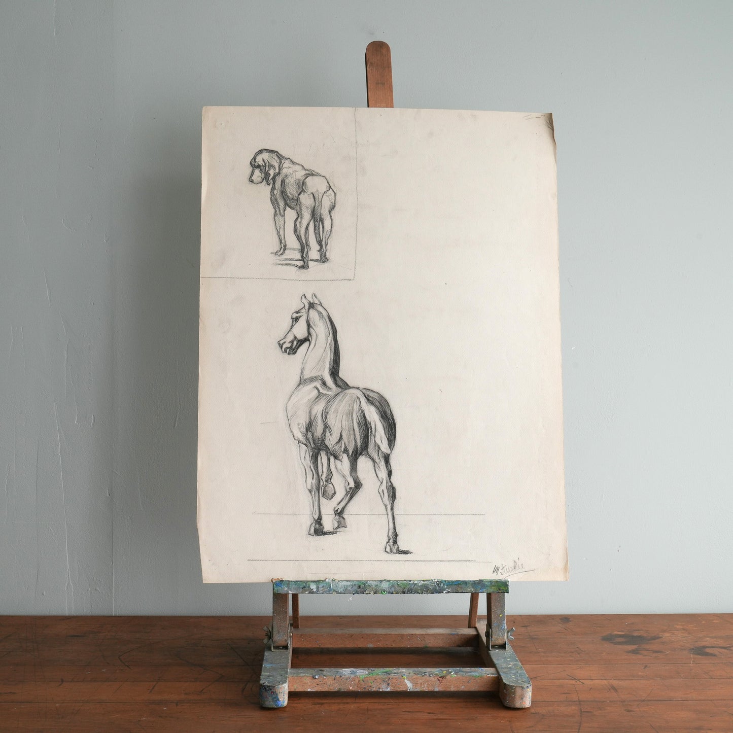 A Pencil Study of a Horse and Dog on Paper.