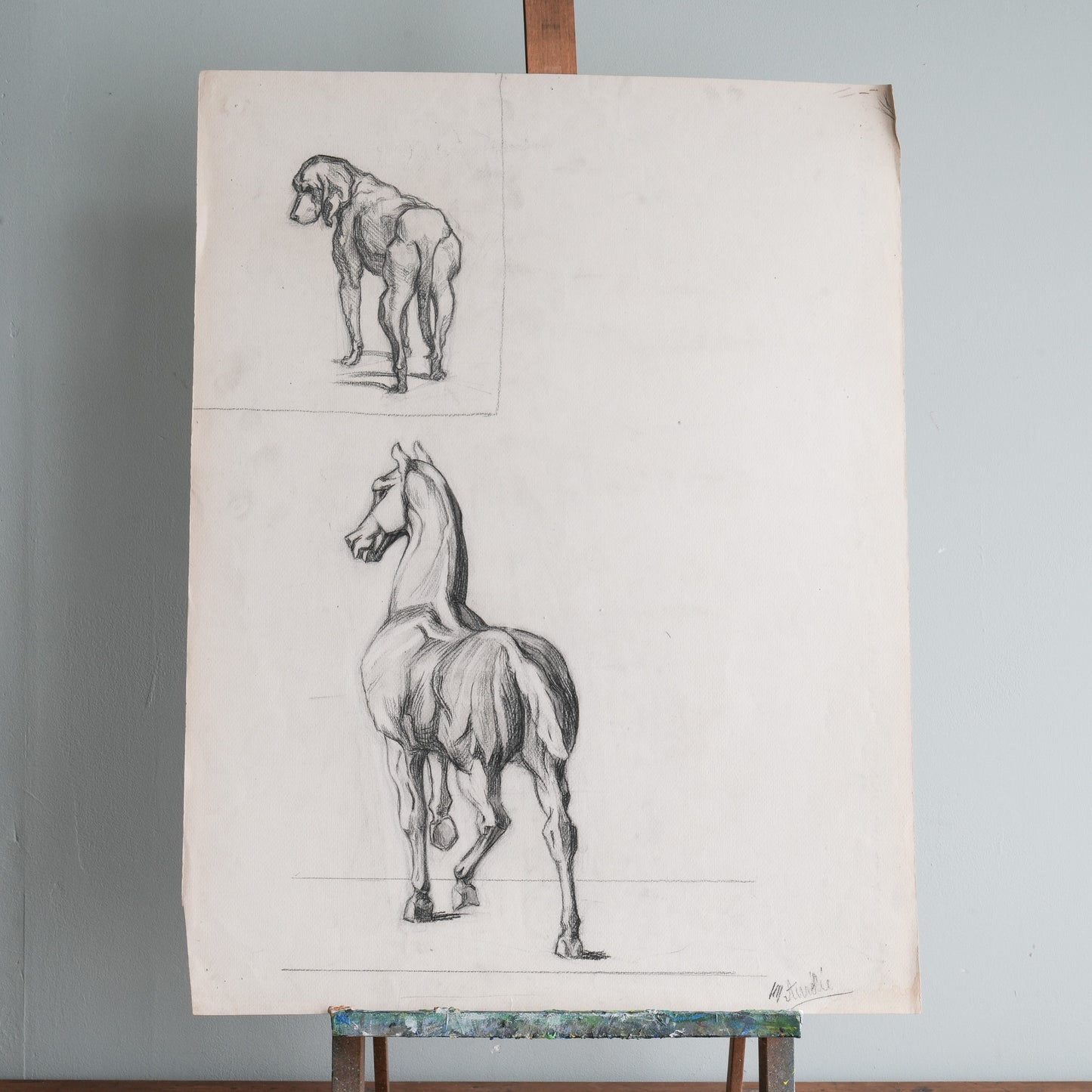 A Pencil Study of a Horse and Dog on Paper.