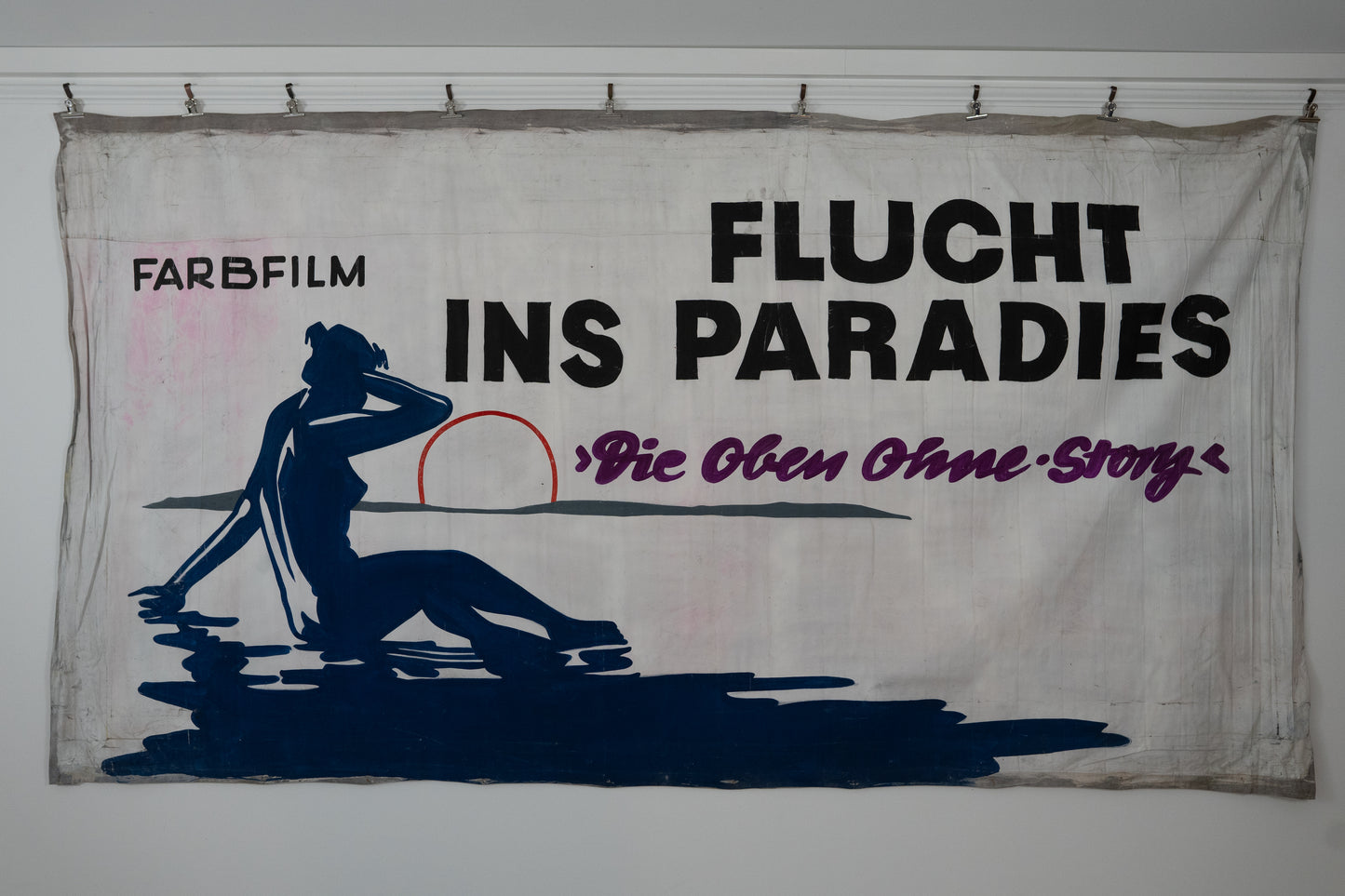 1960s German Hand Painted Cinema Banner - Flucht ins Paradies (Die Oben Ohne Story)