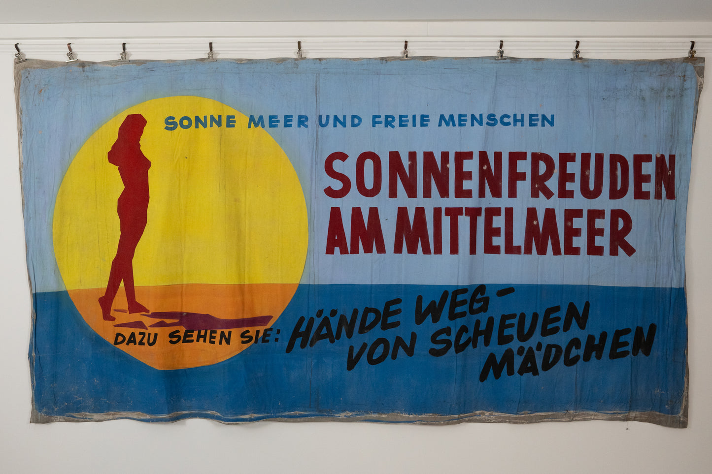 1960s German Hand Painted Cinema Banner - Sonnenfreuden am Mittelmeer
