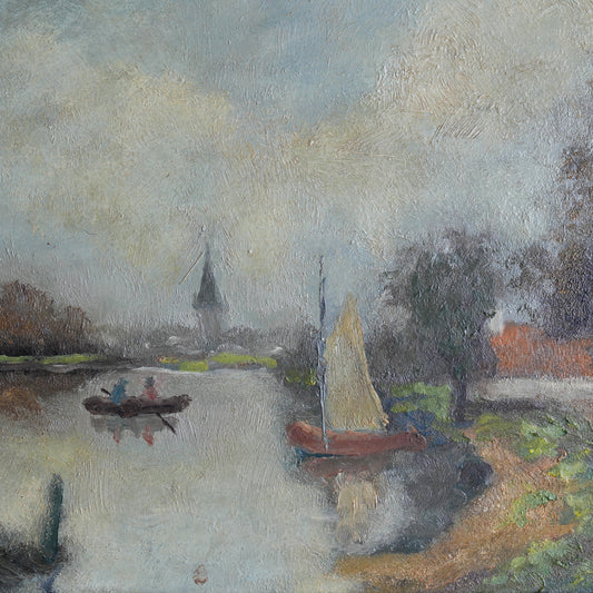River Scene With Sailboat / Belgian School, (C. Early-To-Mid 20th Century)
