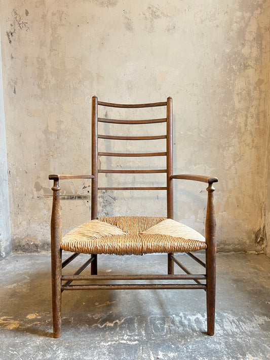 Liberty & Co Arts & Crafts Low Ladder Back Armchair With Rush Seat c1910