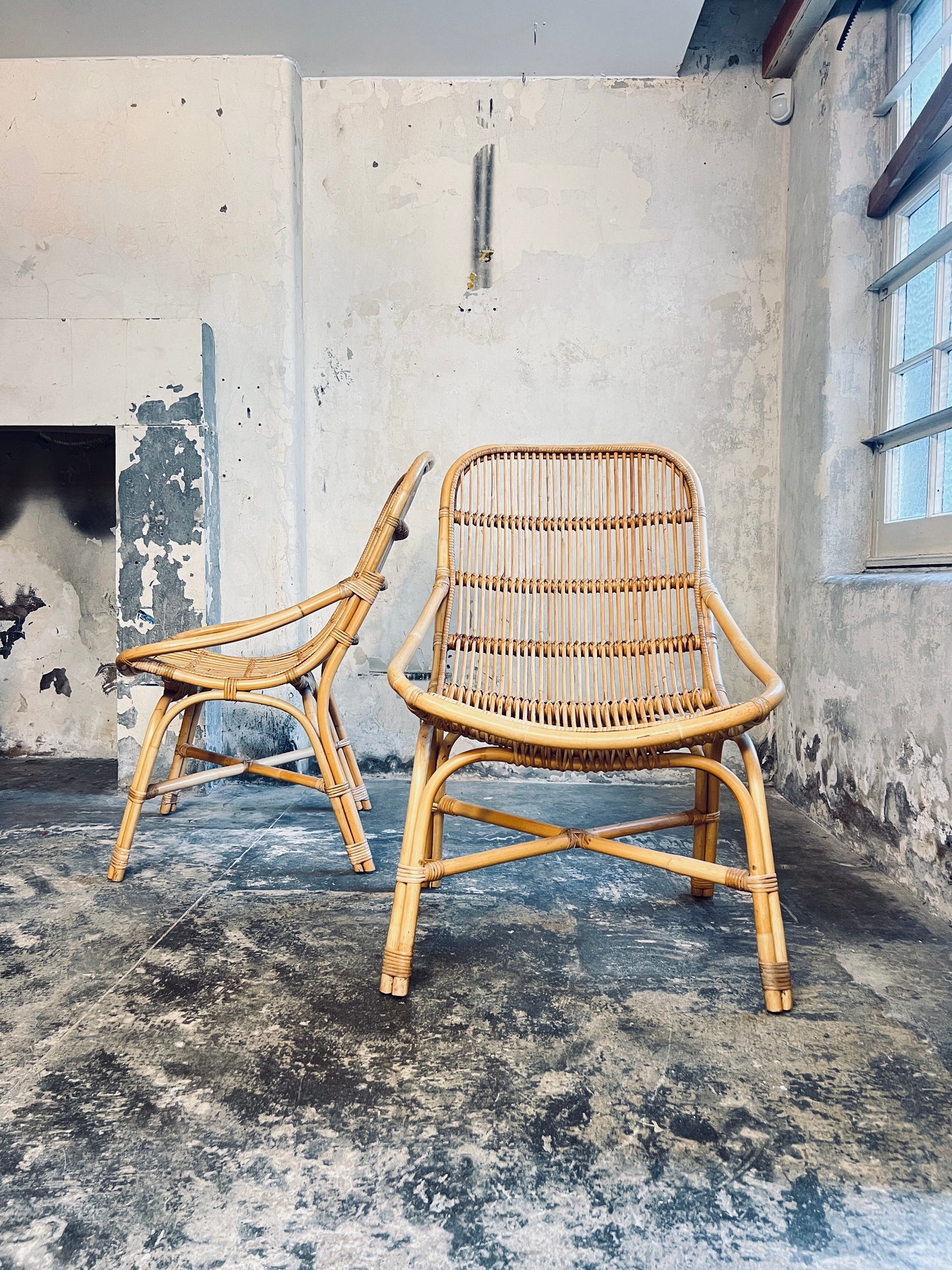 Pair Large Italian Bamboo & Cane Chairs