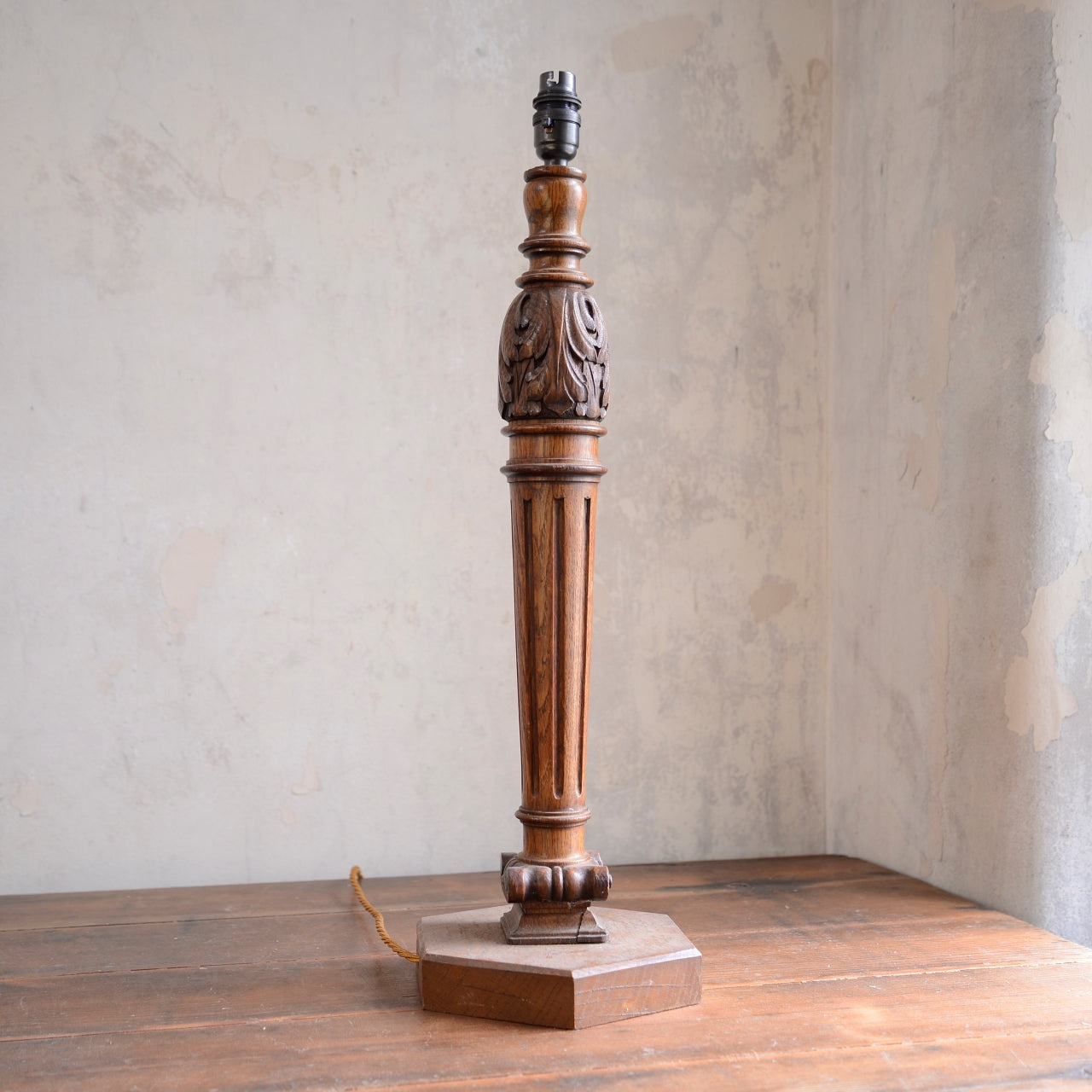 Large Oak Table Lamp - Reeded Column with Carved Leaf