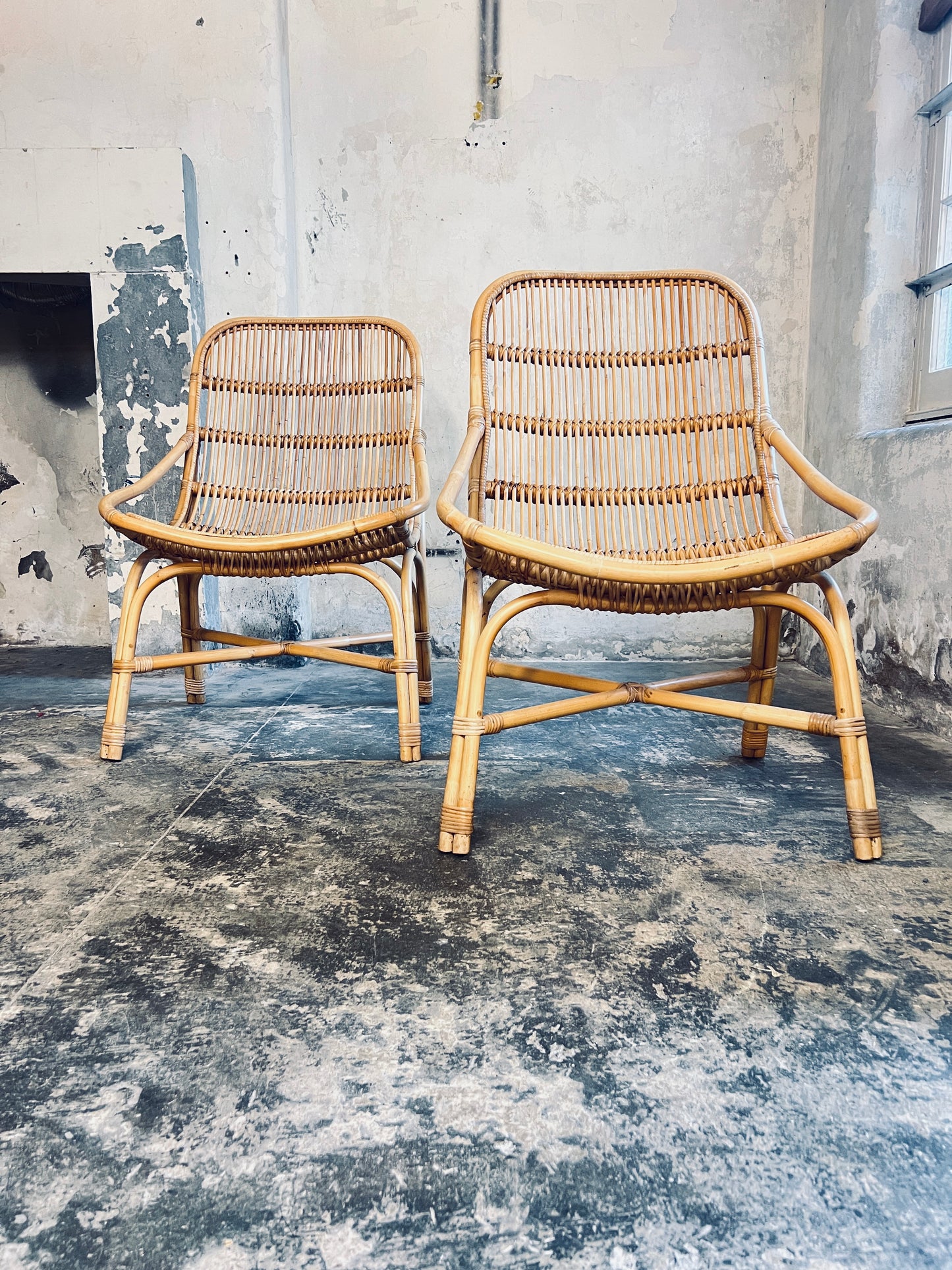 Pair Large Italian Bamboo & Cane Chairs