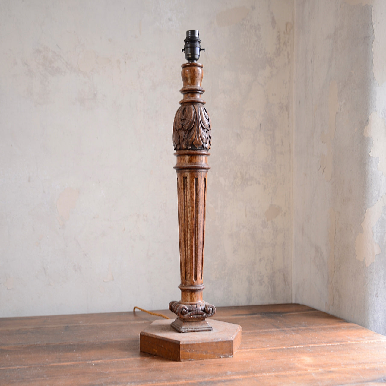 Large Oak Table Lamp - Reeded Column with Carved Leaf