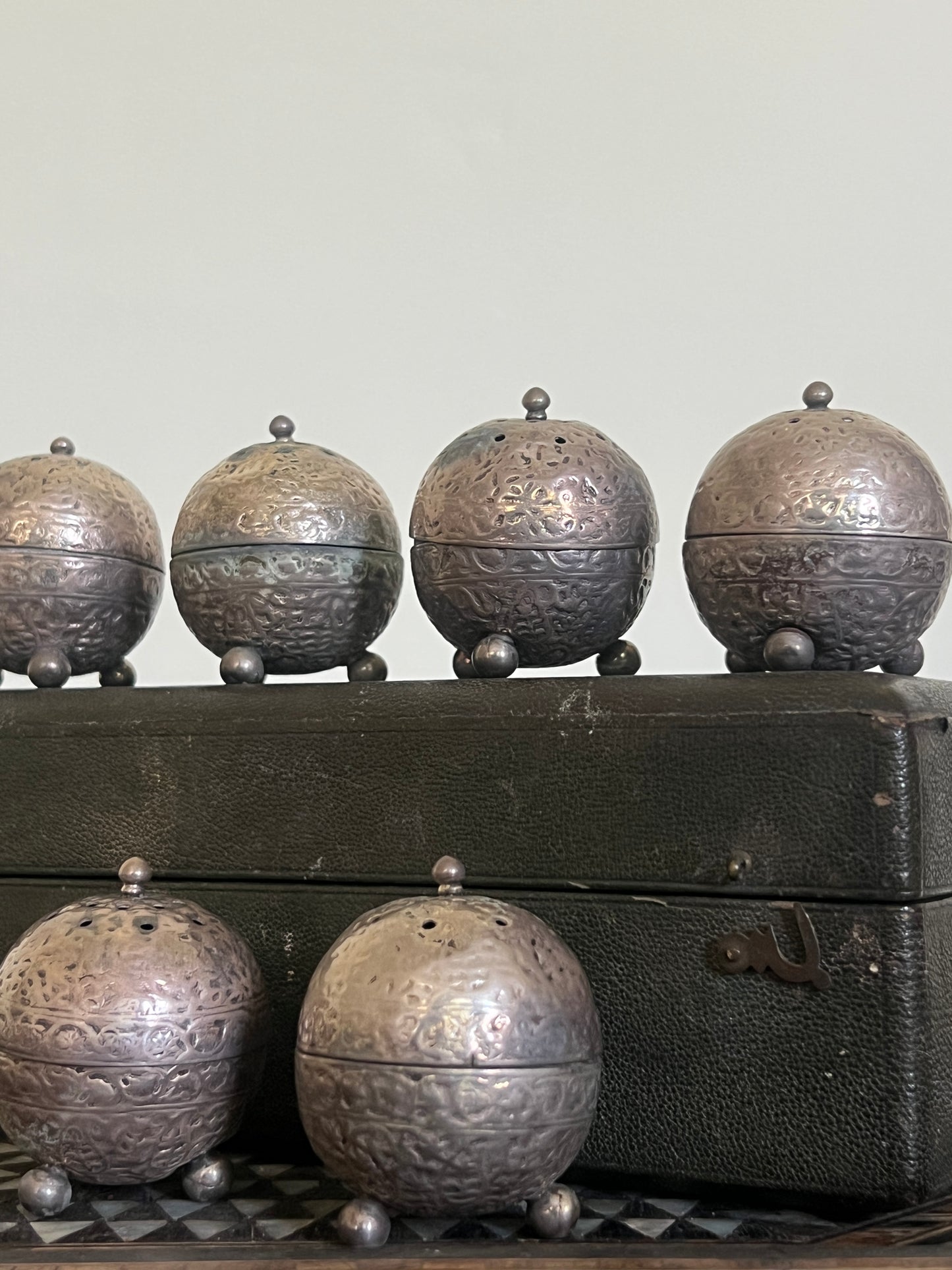 A Boxed Set of Indian Silver "Censur" Pots