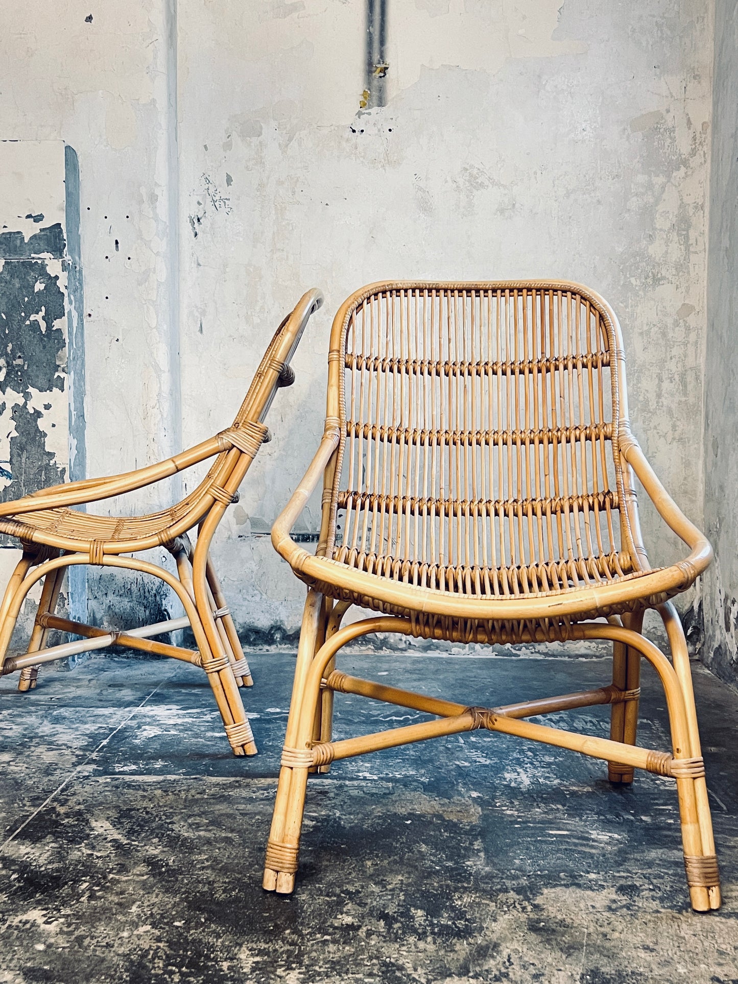 Pair Large Italian Bamboo & Cane Chairs