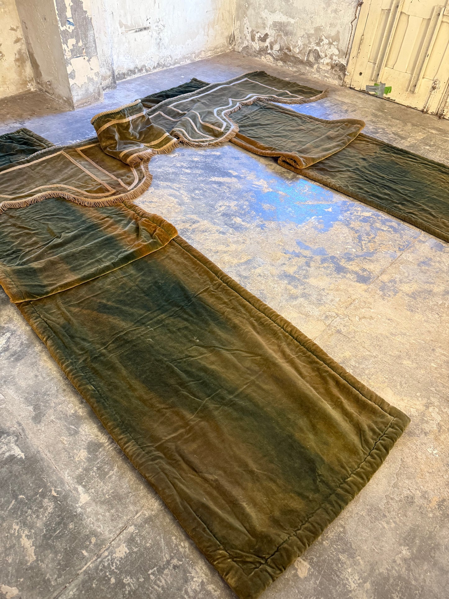 Penicuik House, Scotland ~ Large Pair Green Velvet Curtain Panels & Valance