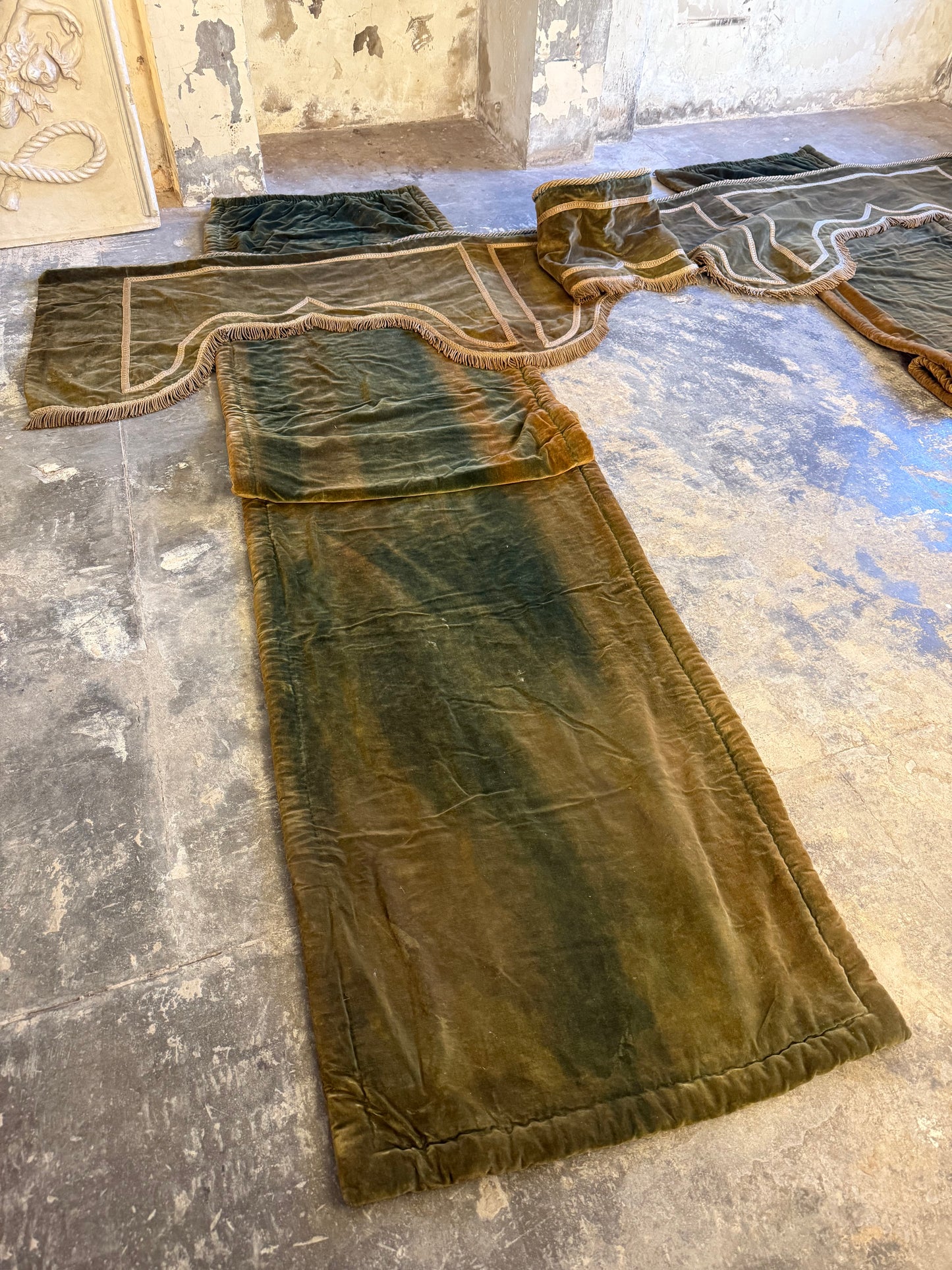 Penicuik House, Scotland ~ Large Pair Green Velvet Curtain Panels & Valance