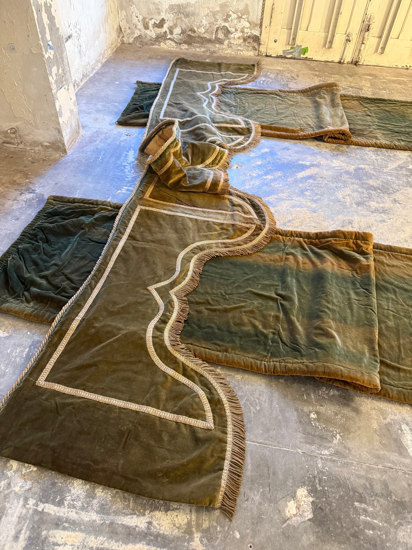 Penicuik House, Scotland ~ Large Pair Green Velvet Curtain Panels & Valance