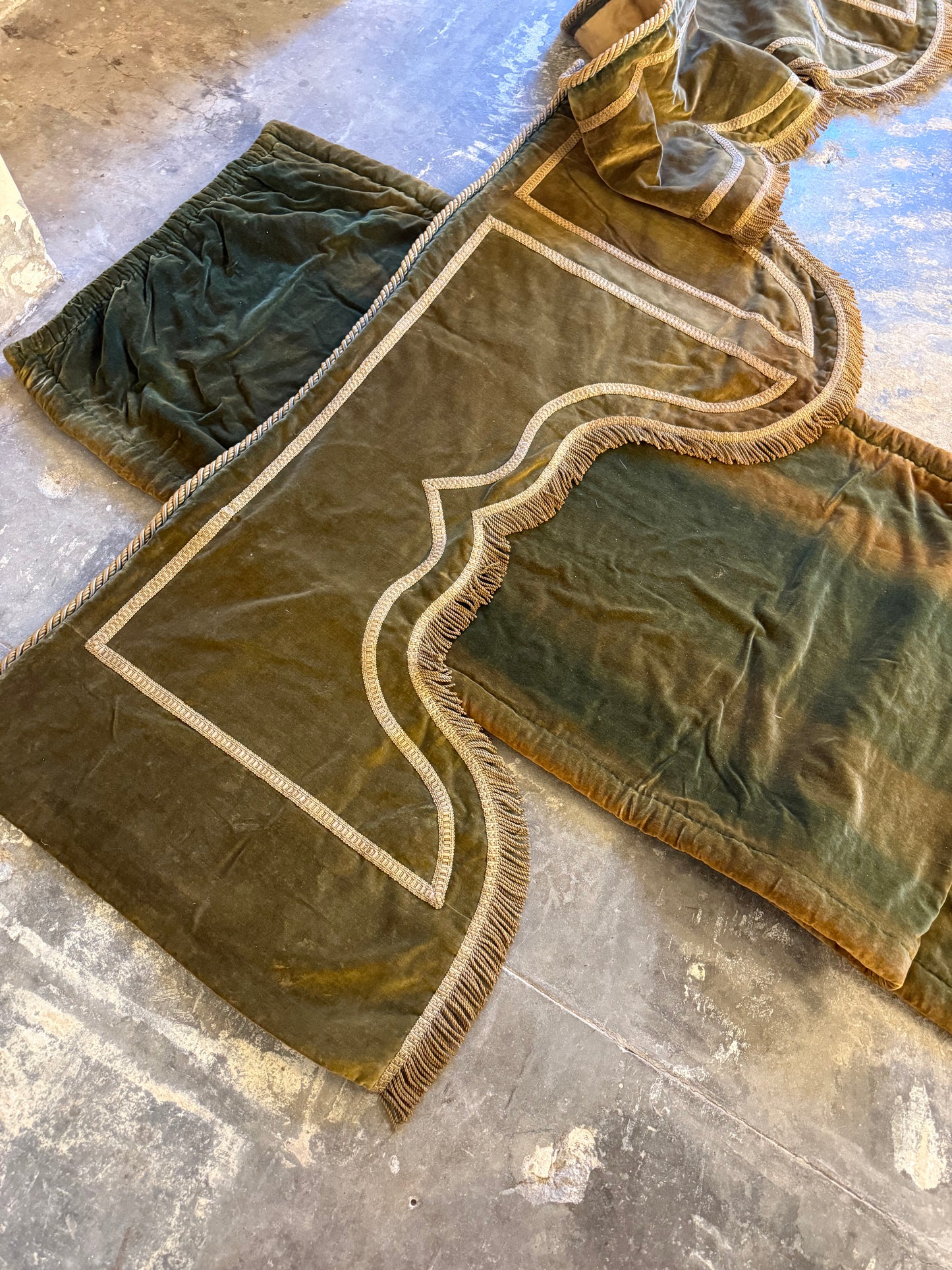 Penicuik House, Scotland ~ Large Pair Green Velvet Curtain Panels & Valance