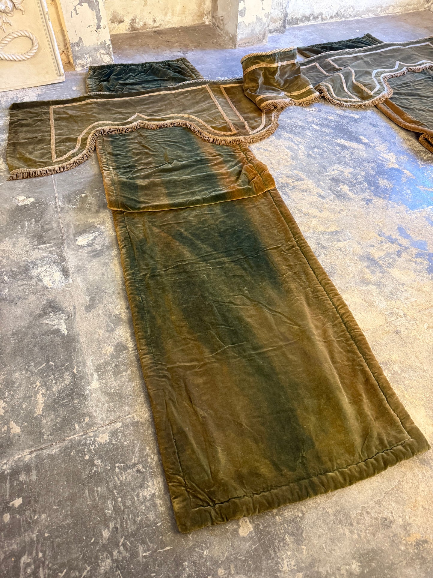 Penicuik House, Scotland ~ Large Pair Green Velvet Curtain Panels & Valance