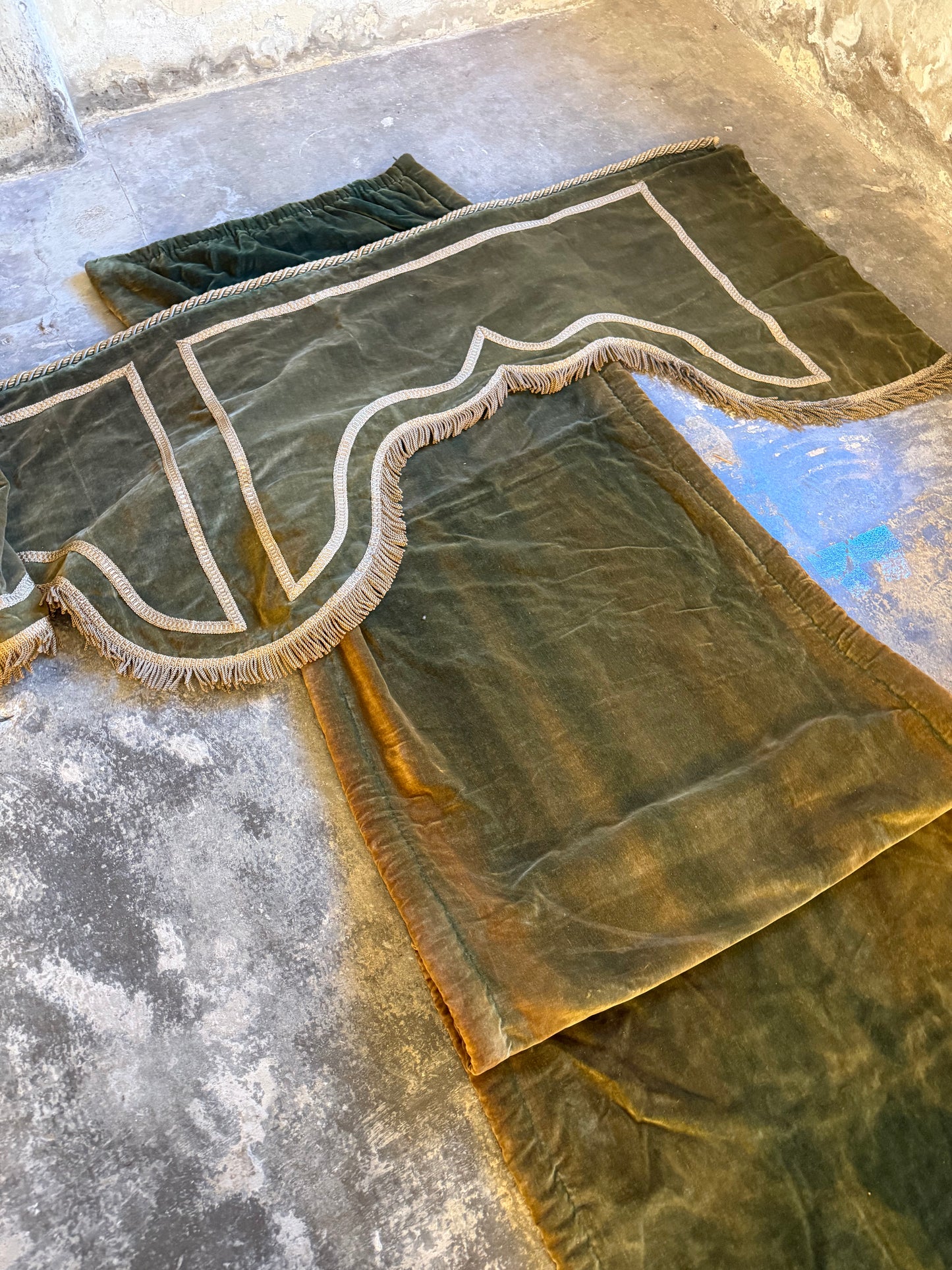 Penicuik House, Scotland ~ Large Pair Green Velvet Curtain Panels & Valance