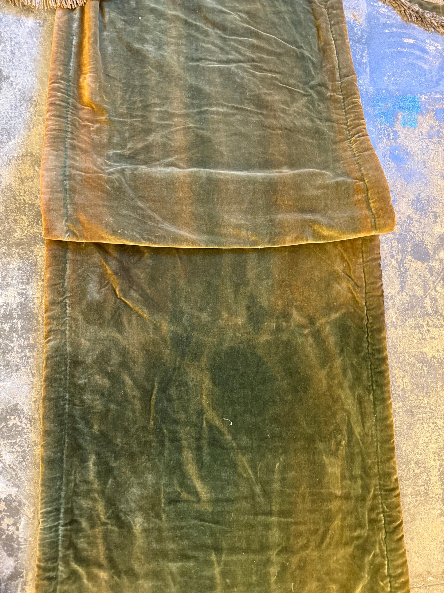 Penicuik House, Scotland ~ Large Pair Green Velvet Curtain Panels & Valance