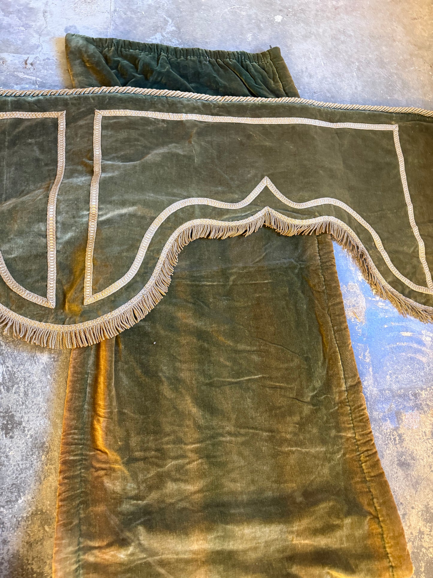 Penicuik House, Scotland ~ Large Pair Green Velvet Curtain Panels & Valance