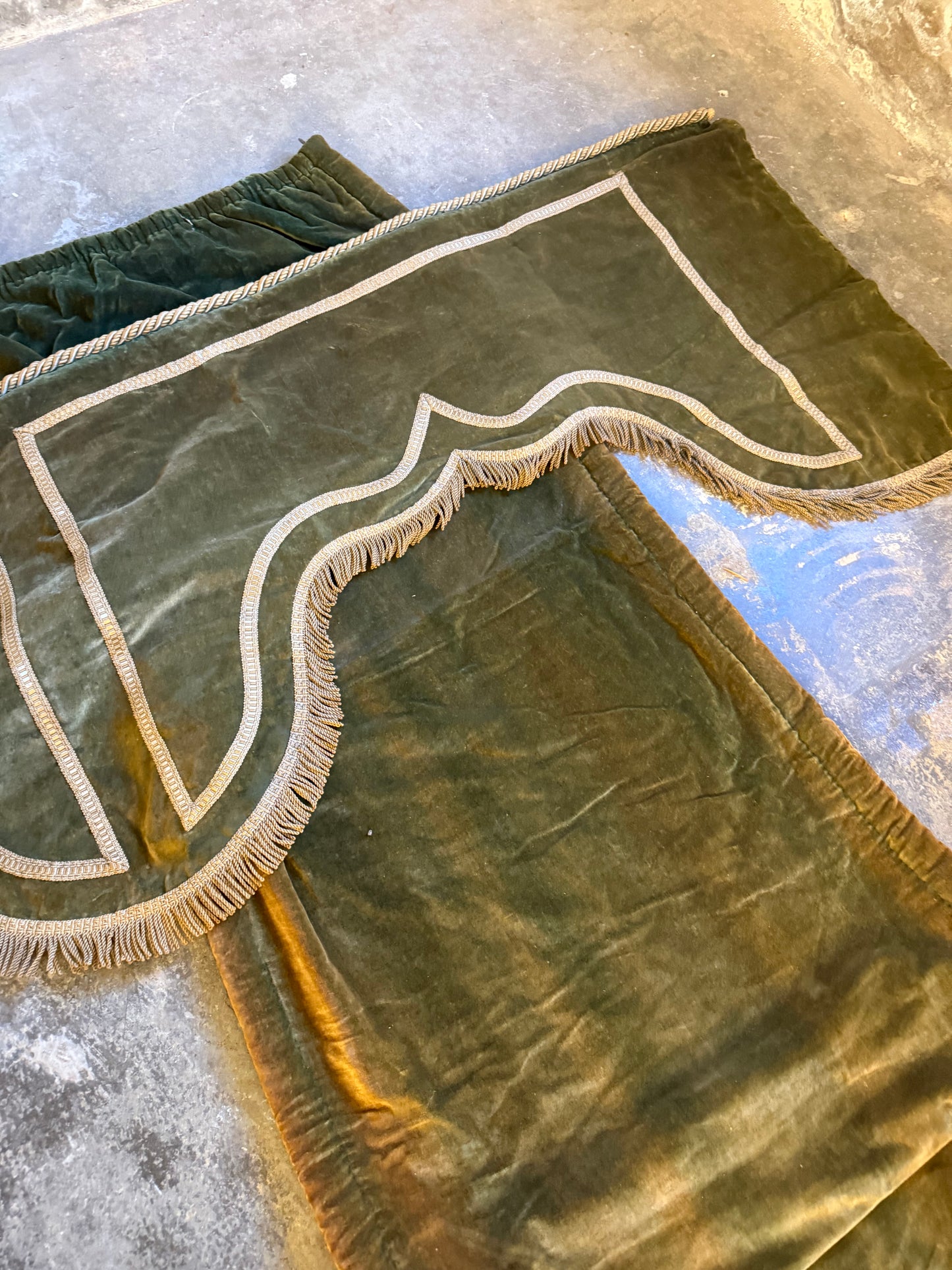 Penicuik House, Scotland ~ Large Pair Green Velvet Curtain Panels & Valance