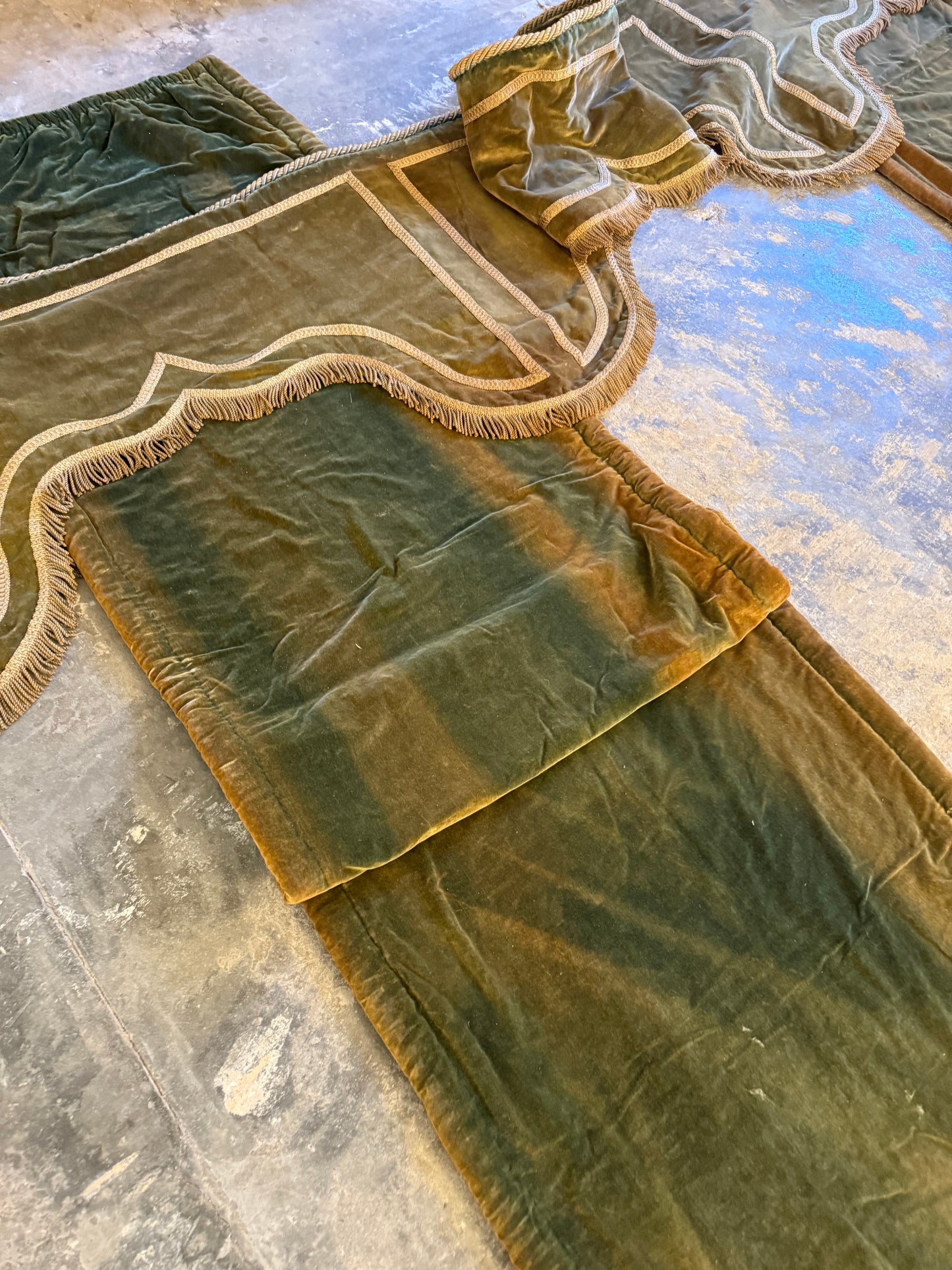 Penicuik House, Scotland ~ Large Pair Green Velvet Curtain Panels & Valance