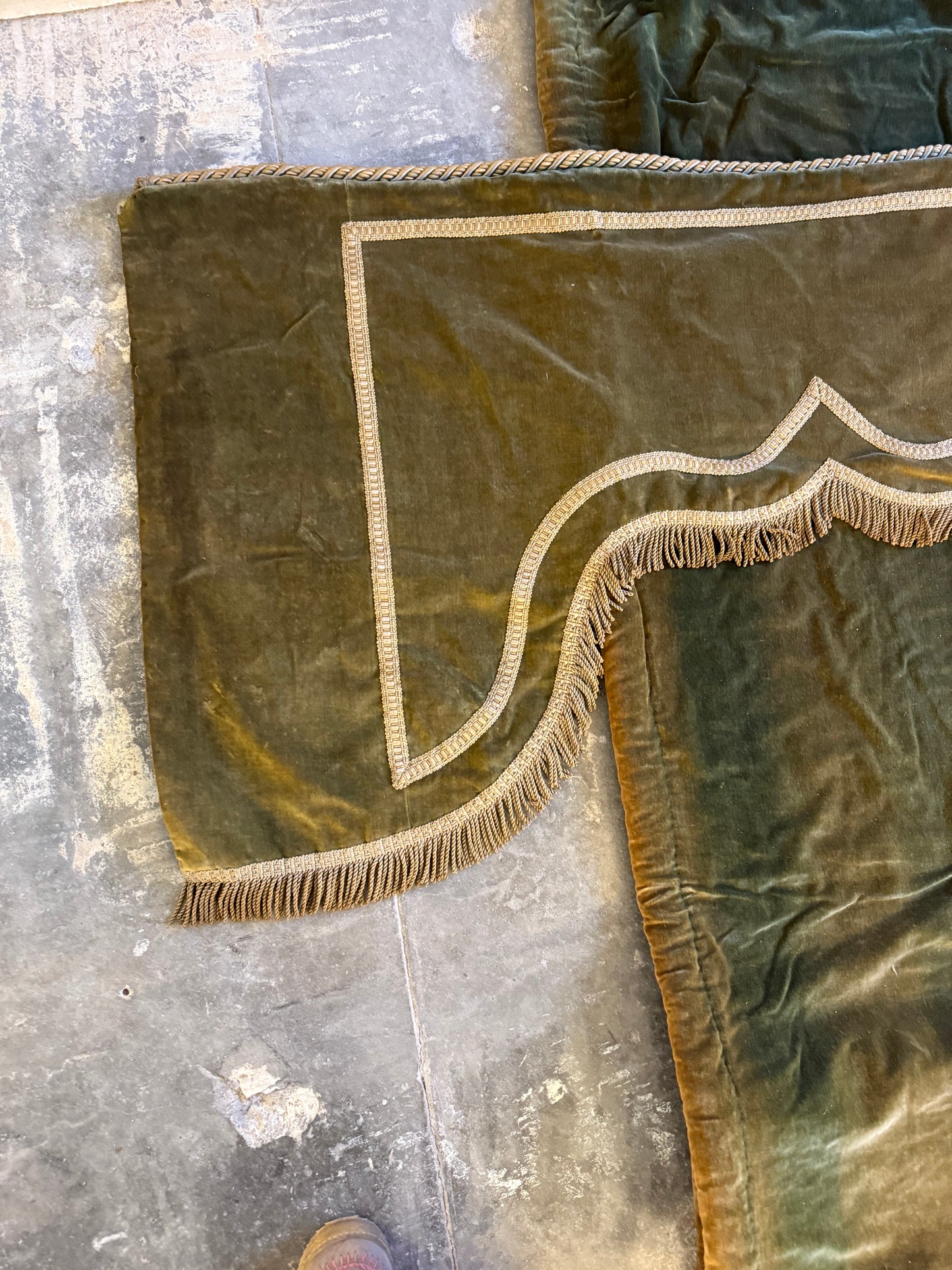 Penicuik House, Scotland ~ Large Pair Green Velvet Curtain Panels & Valance