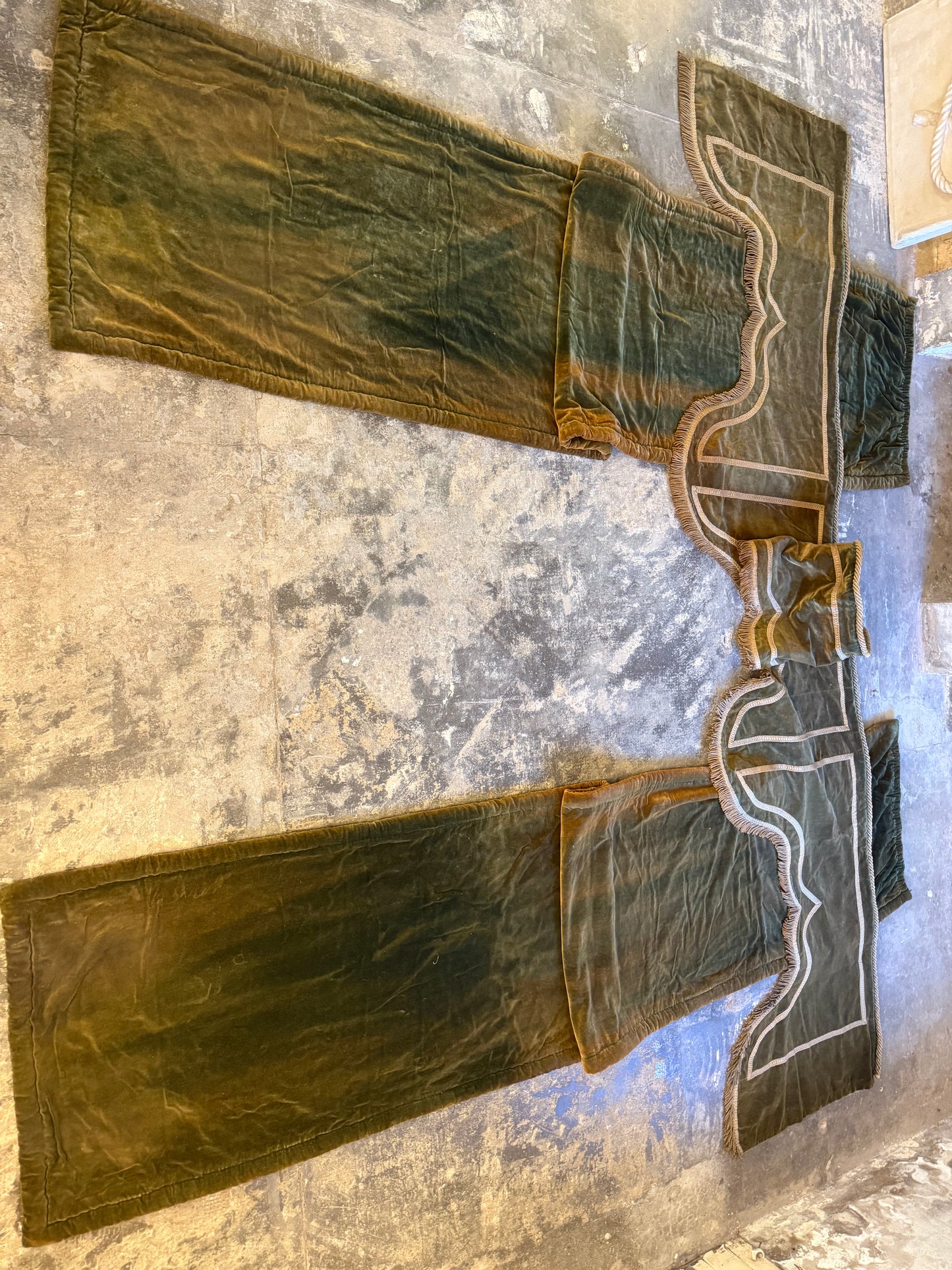 Penicuik House, Scotland ~ Large Pair Green Velvet Curtain Panels & Valance