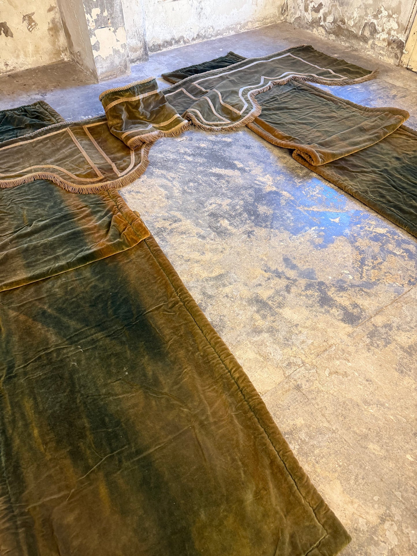 Penicuik House, Scotland ~ Large Pair Green Velvet Curtain Panels & Valance