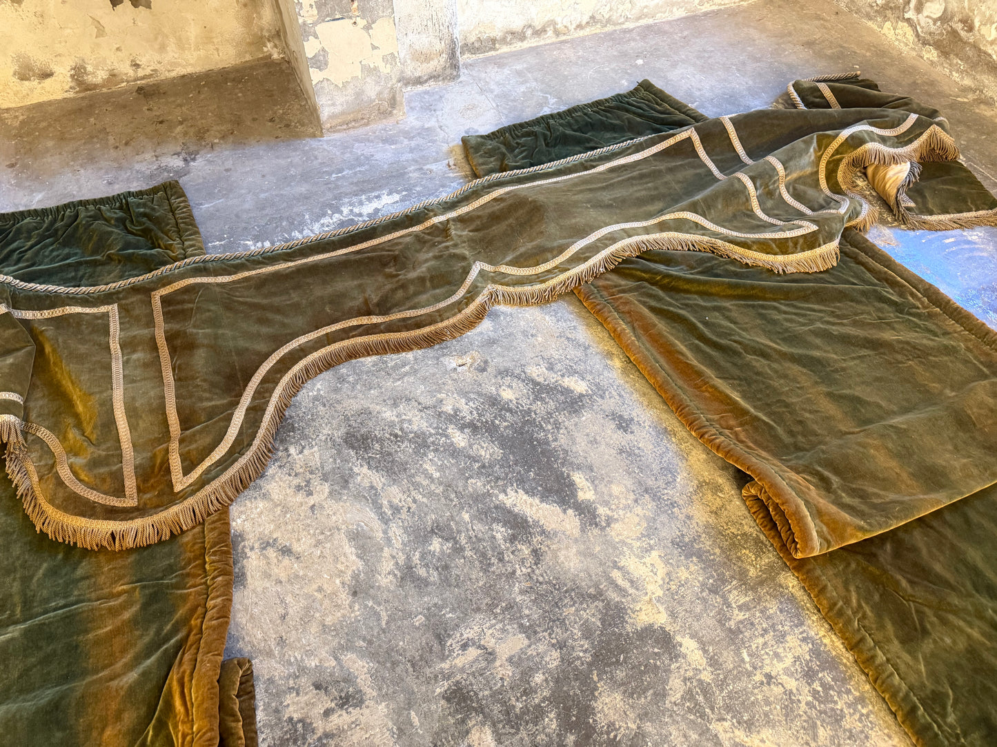 Penicuik House, Scotland ~ Large Pair Green Velvet Curtain Panels & Valance