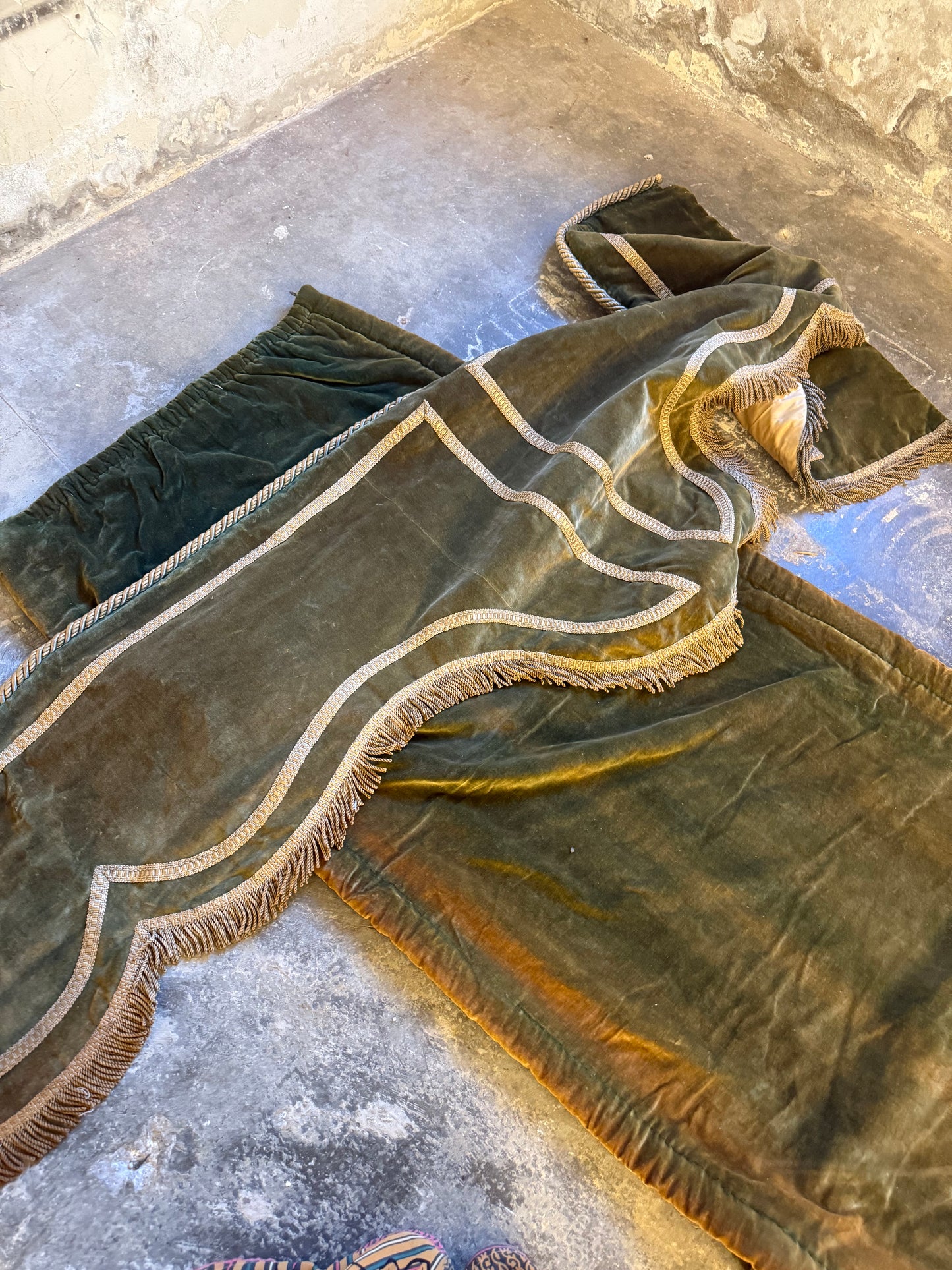 Penicuik House, Scotland ~ Large Pair Green Velvet Curtain Panels & Valance