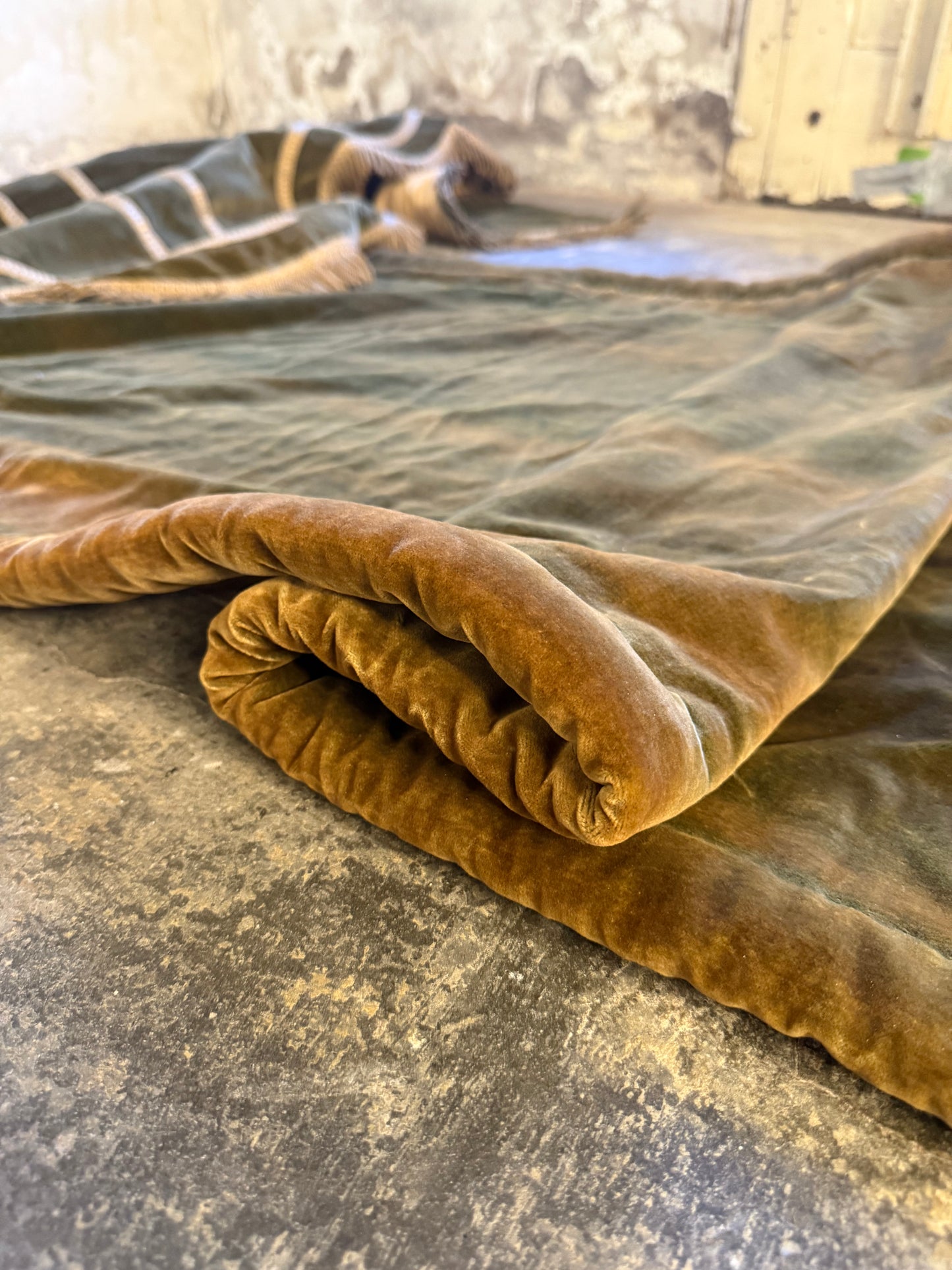 Penicuik House, Scotland ~ Large Pair Green Velvet Curtain Panels & Valance