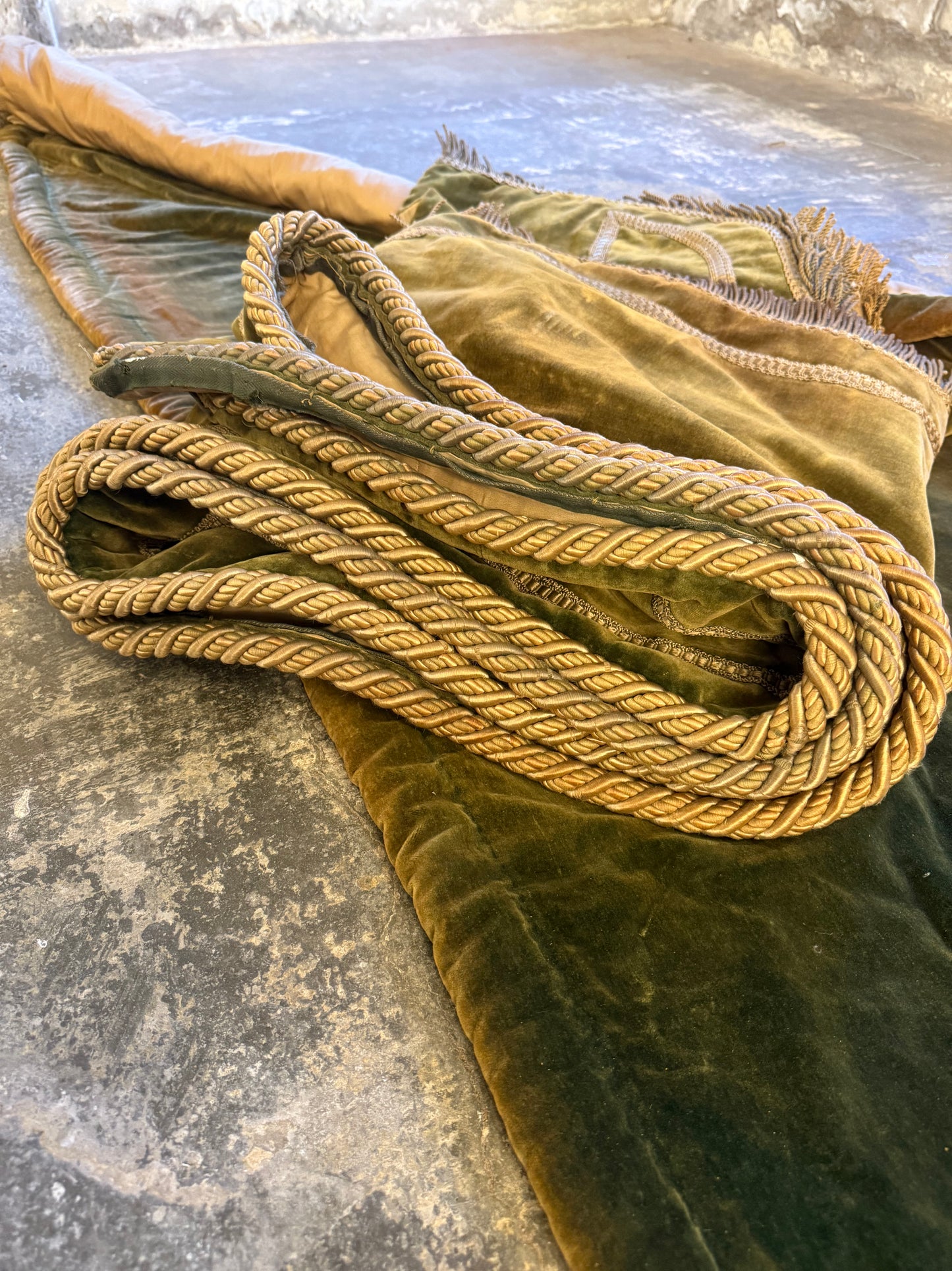 Penicuik House, Scotland ~ Large Pair Green Velvet Curtain Panels & Valance
