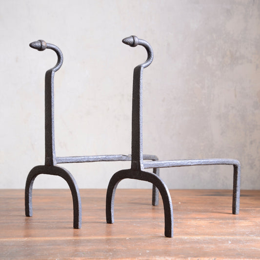 Wrought Iron Andirons Firedogs with Acorn finials - 19th Century