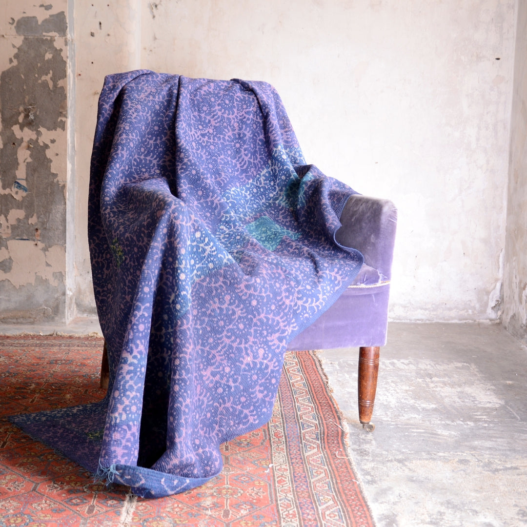 Vintage Indigo Finestitch Kantha Quilt - No 7