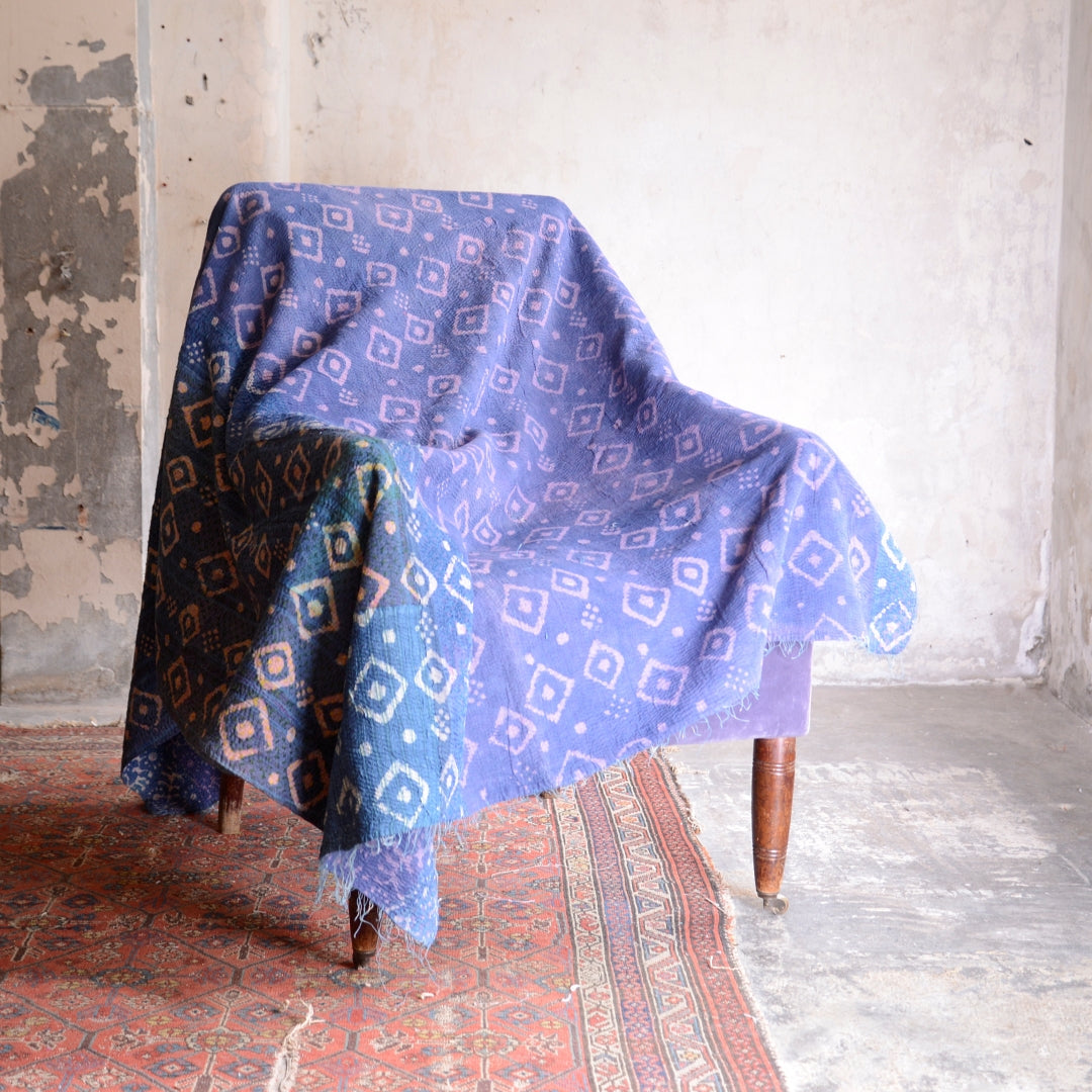 Vintage Indigo Finestitch Kantha Quilt - No 7