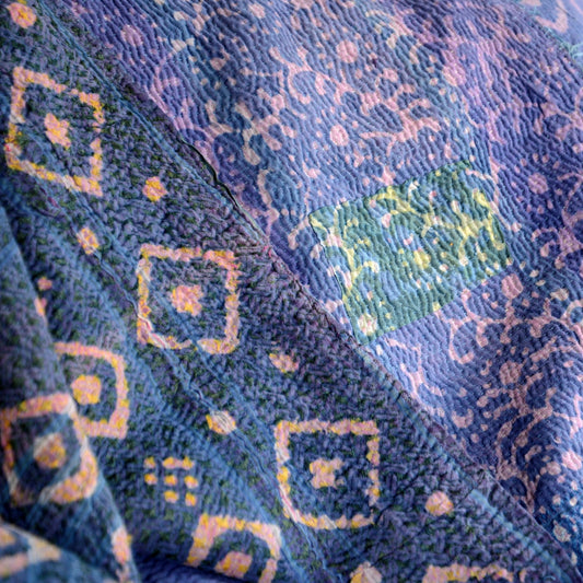 Vintage Indigo Finestitch Kantha Quilt - No 7